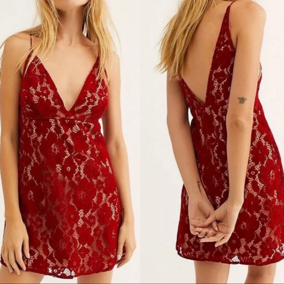 Free People Red Lace Mini Dress Size 2 - Picture 3 of 8